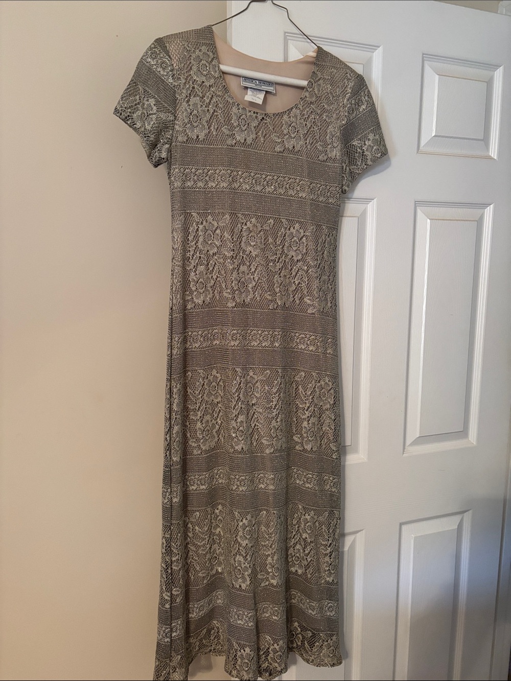 Jessica Howard Taupe and Gold Lace-Effect Short Sleeve Maxi Dress